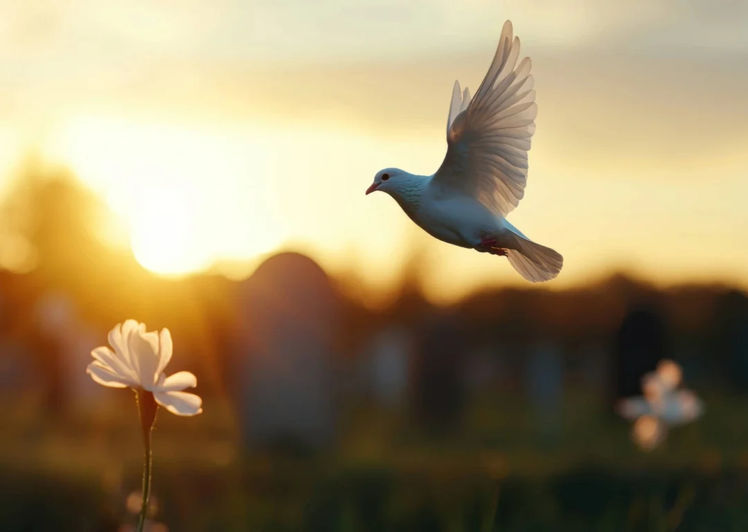 A dove flying through a cemetery at sunset.