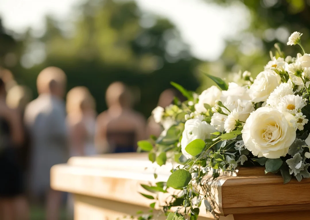 A light-coloured wooden coffin with white flowers on top.