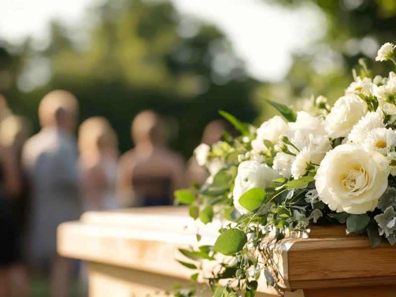 A light-coloured wooden coffin with white flowers on top.