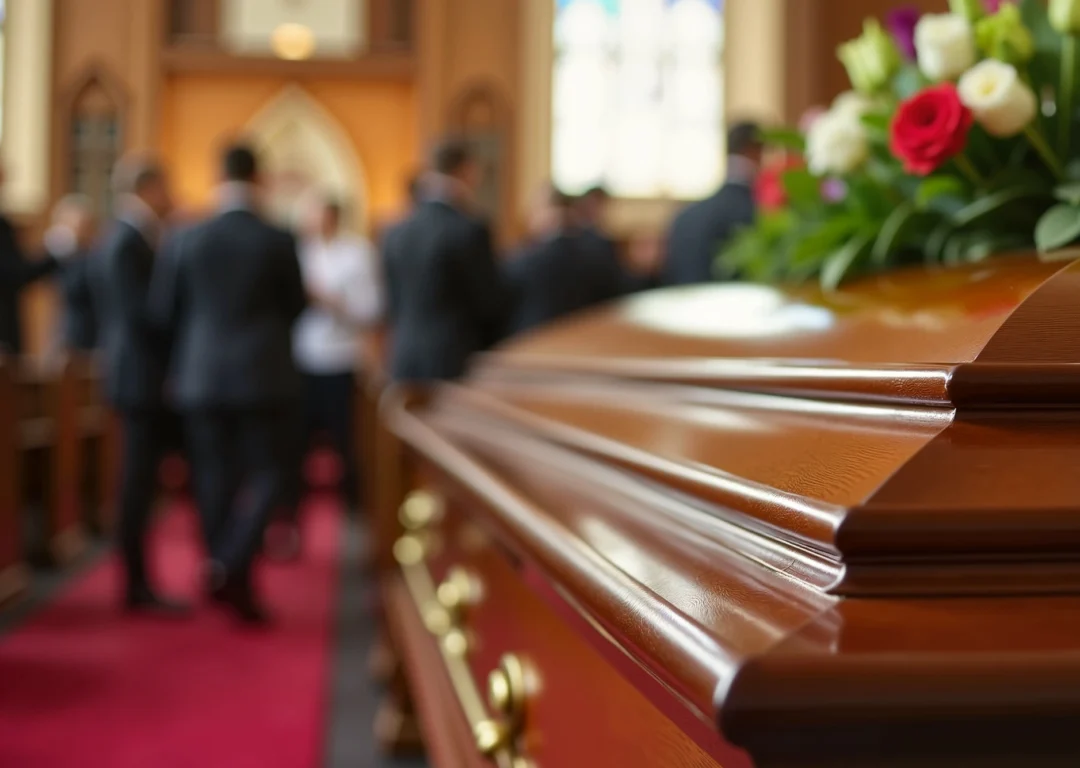 A wooden coffin with flowers in a church.