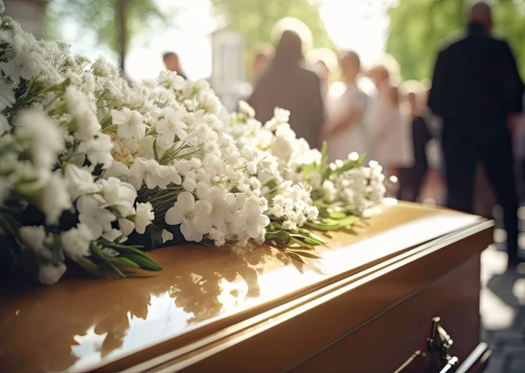 A wooden coffin with white flowers outside.