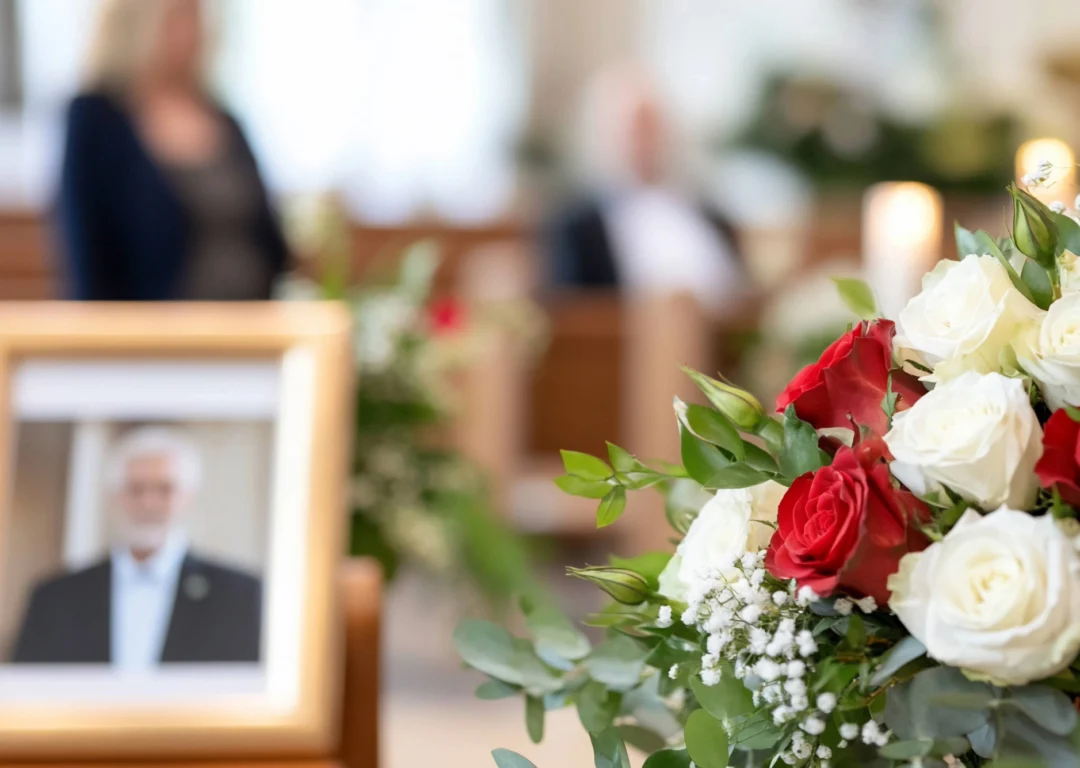 A portrait of a man next to flowers.