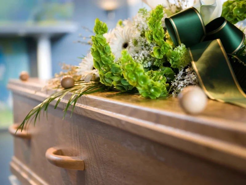 A light-coloured coffin with green flowers on top.