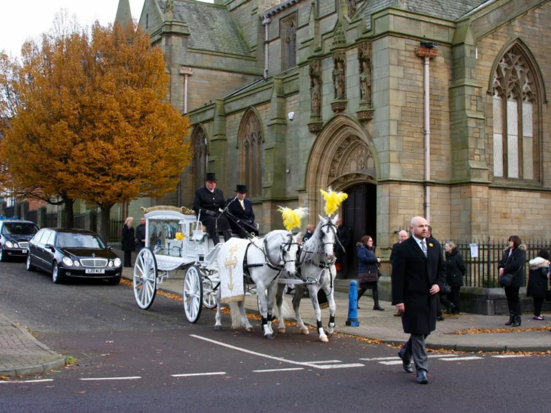 A white horse and carriage outside a church.
