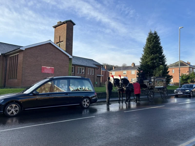 A hearse, limo and carriage outside a crematorium.