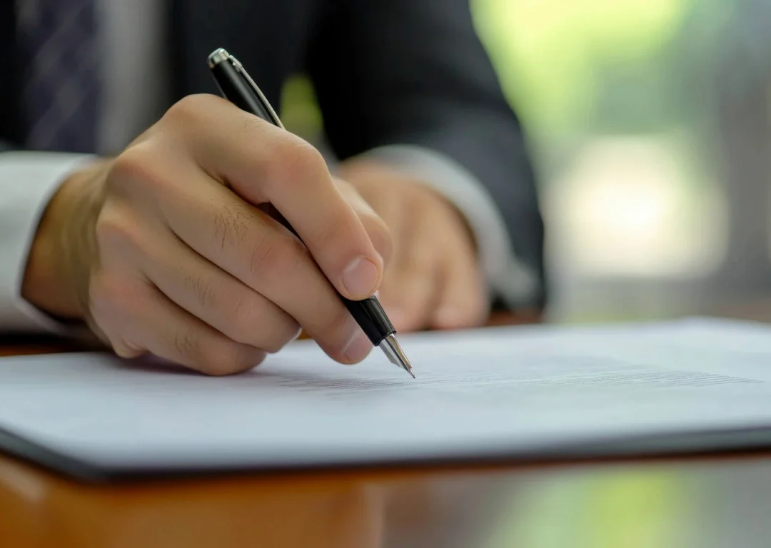 A man in a black suit signing a piece of paper.