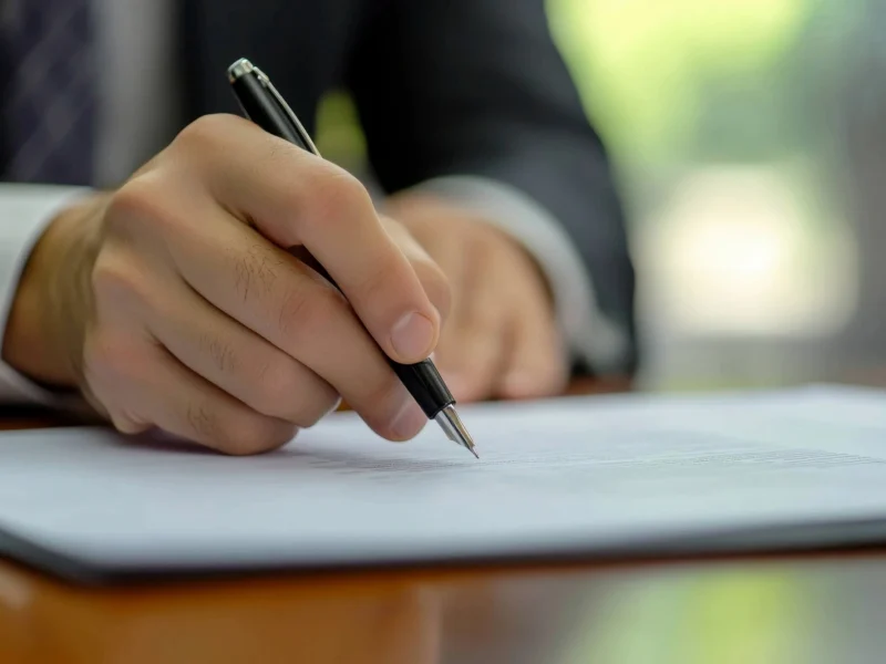 A man in a black suit signing a piece of paper.