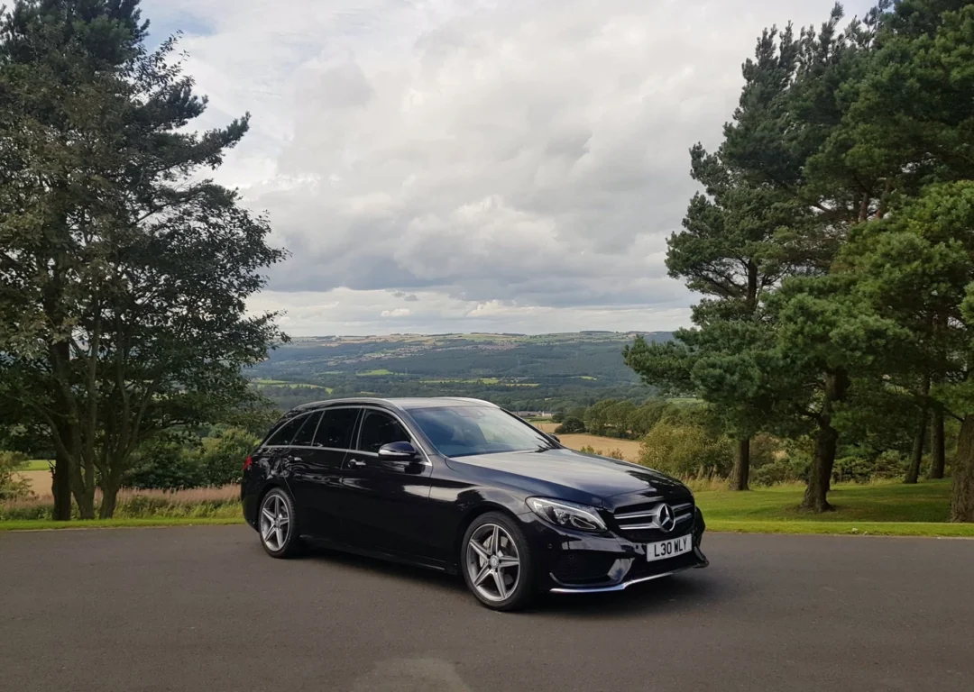 A black Mercedes parked amongst trees.