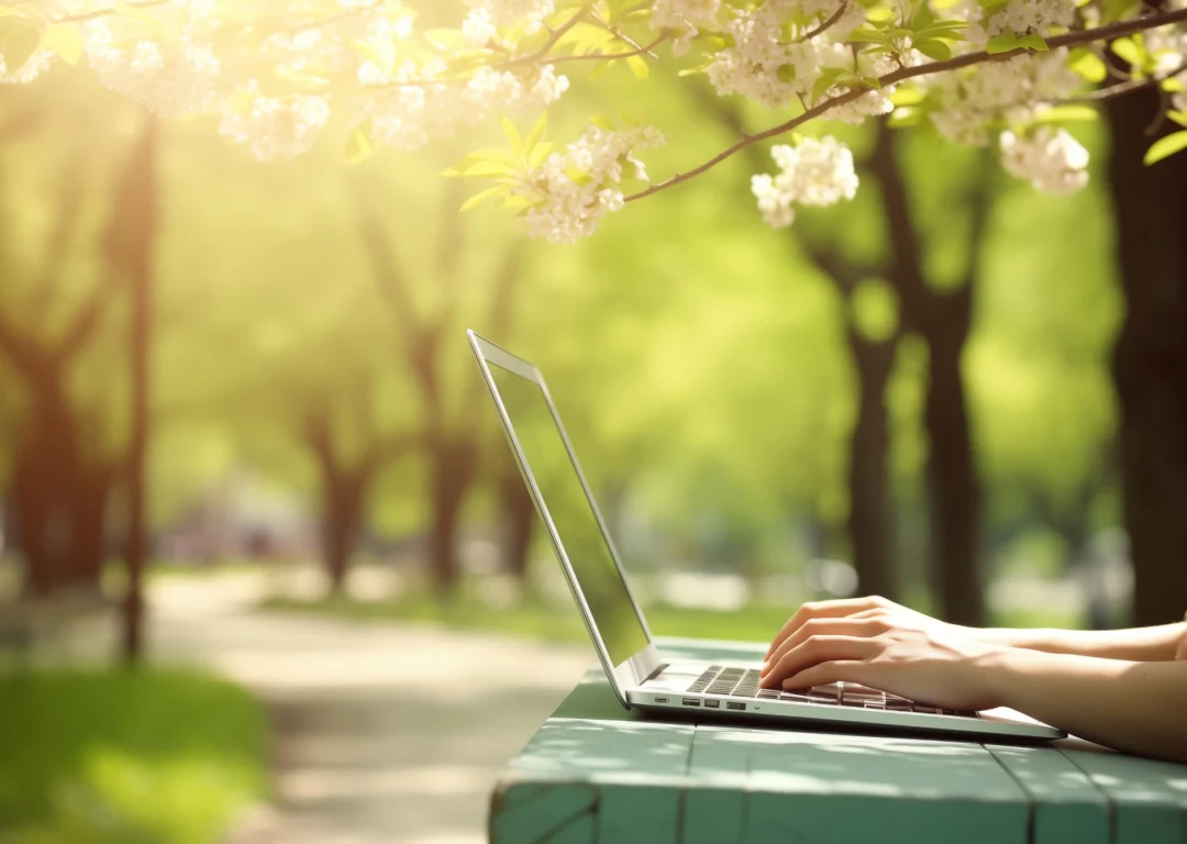 A woman typing on a laptop in a sunlit forest.