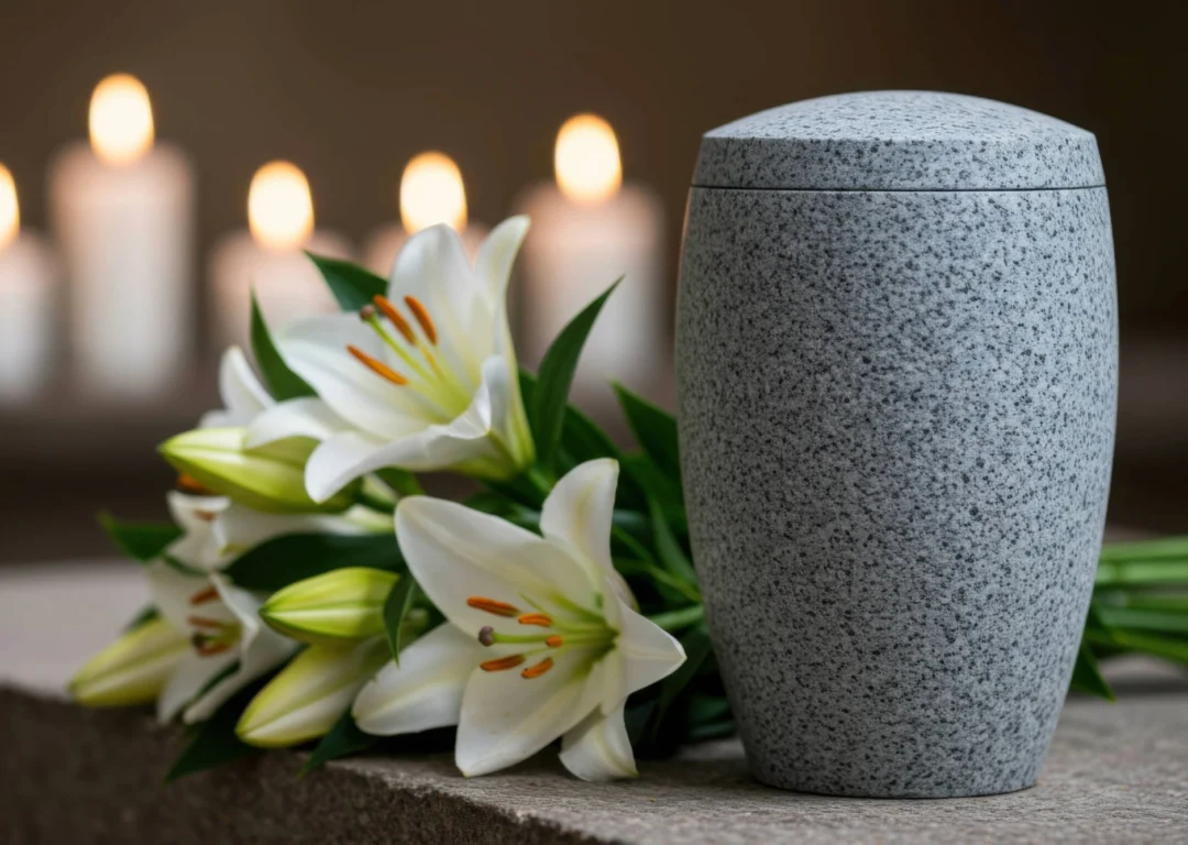 A stone urn sat next to white candles and flowers.