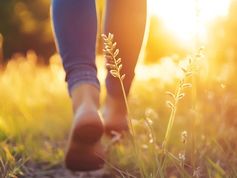 A person walking barefoot through a sun-lit field.